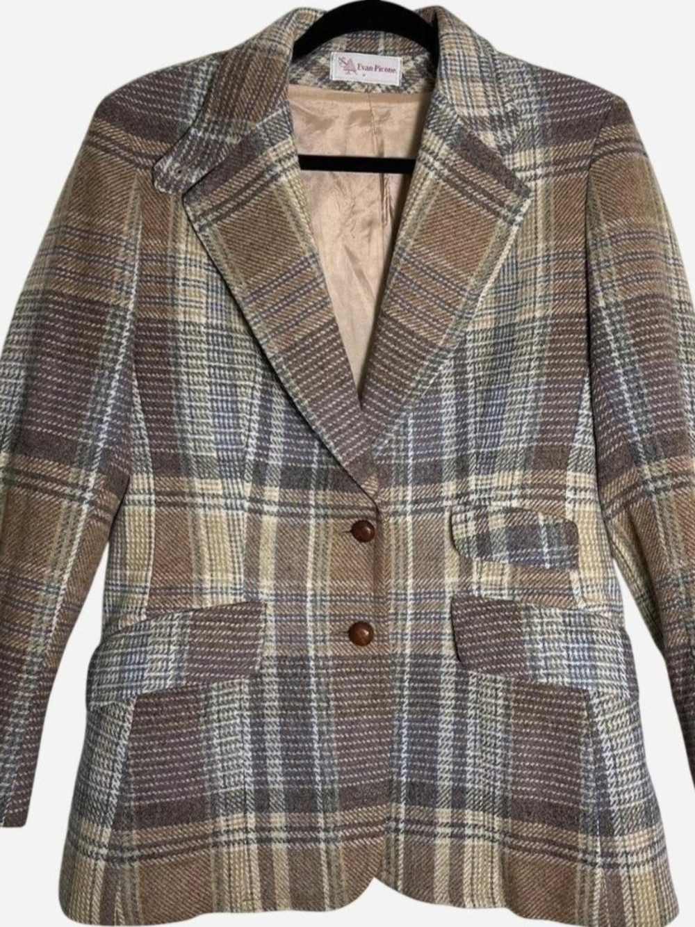 True Vintage 70s/80s Brown Plaid Wool Blazer w/ Suede Elbow Patches